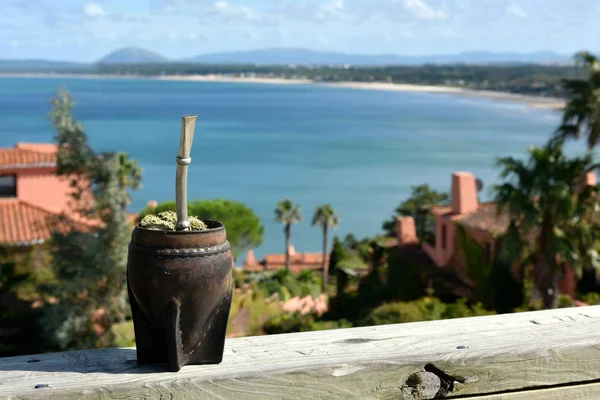 Hot traditional caffeine-rich drink Mate (Yerba Mate) In A Calabash Gourd, Uruguay — Stock Photo, Image