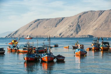 Renkli ahşap balıkçı tekneleri, Iquique, Şili