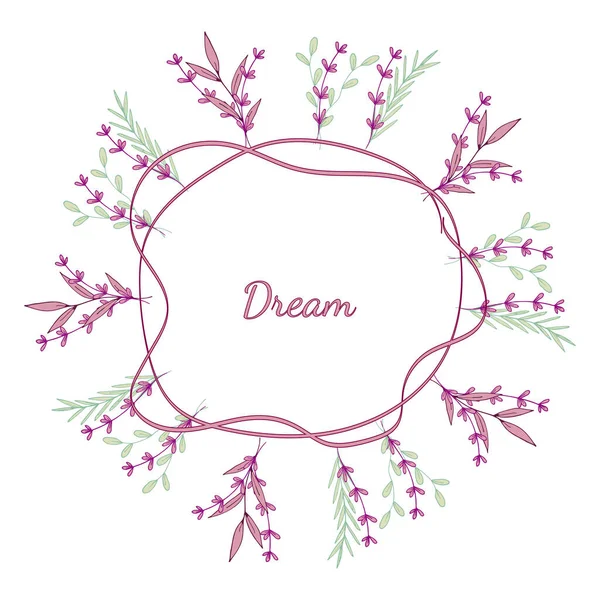 Decorative fresh spring wreath of plants and flowers in doodle style. Pink, light green, burgundy colors. Isolated object on a white background. Vector stock illustration.