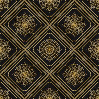 Siyah arkaplanda geometrik dikişsiz model vektör görüntüsü. Klasik sanat deco tasarımı.