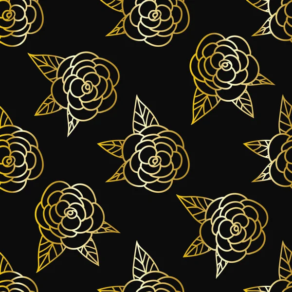 Patrón sin costuras con rosas dibujadas a mano. Flores doradas sobre fondo negro — Vector de stock