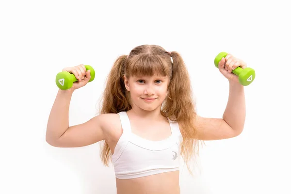 Flickan Engagerad Fitness Sport Med Gröna Hantlar — Stockfoto