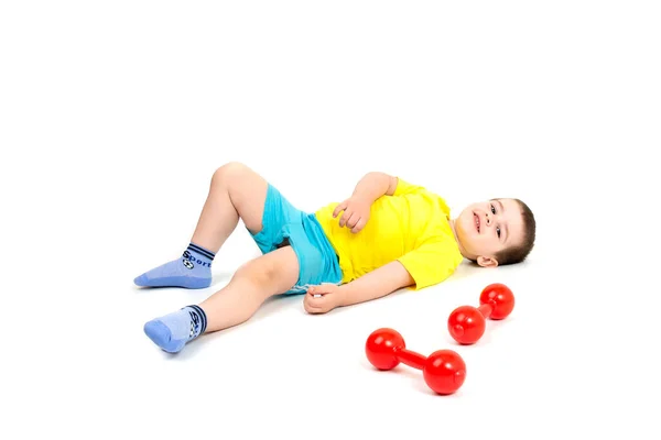 Small Happy Boy Engaged Fitness Sports Bright Red Dumbbells — Stock Photo, Image