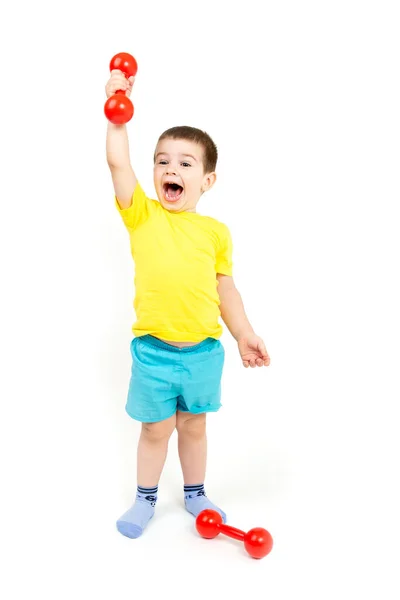 Liten Glad Pojke Engagerad Fitness Sport Med Ljusa Röda Hantlar — Stockfoto