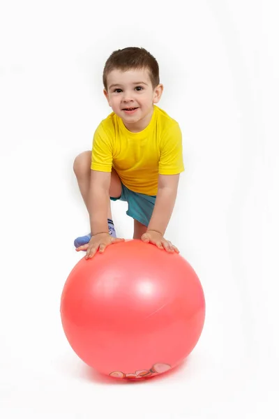 Happy Boy Engaged Fitness Sports Big Red Ball — Stock Photo, Image