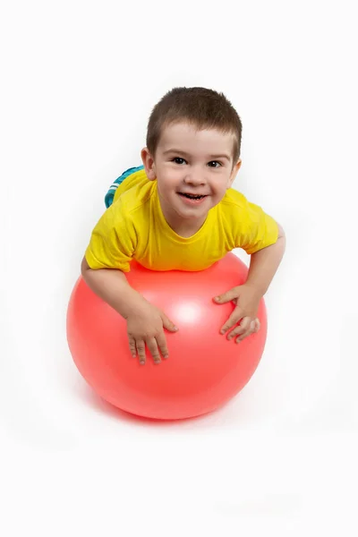 Happy Boy Engaged Fitness Sports Big Red Ball — Stock Photo, Image