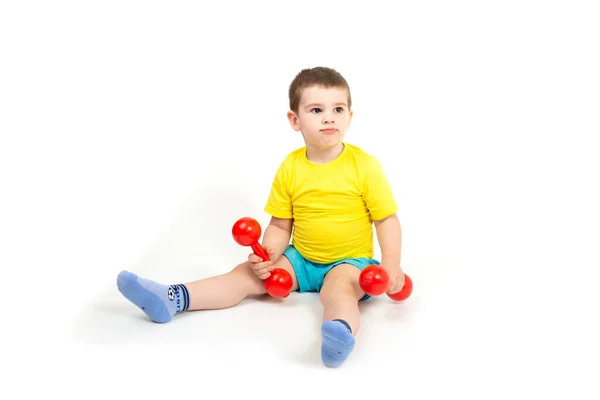 Small Happy Boy Engaged Fitness Sports Bright Red Dumbbells — Stock Photo, Image