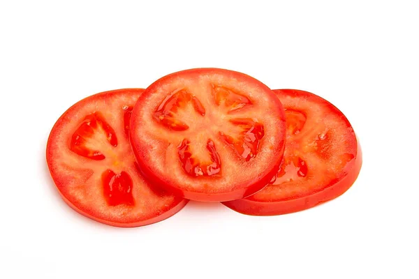 Saftige Hellrote Tomaten Scheiben Geschnitten Draufsicht Isoliert Auf Weißem Hintergrund — Stockfoto