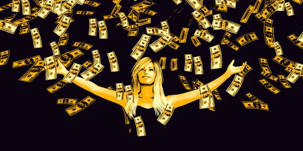 Frau fängt Geld, das vom Himmel fällt — Stockfoto