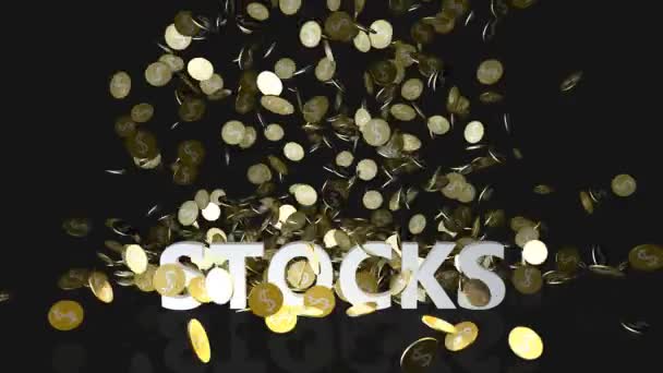 Concepto de acciones con monedas de oro cayendo del cielo — Vídeos de Stock