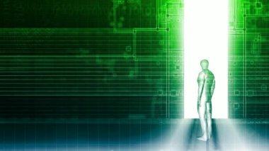 Adam arka plan olarak teknoloji Portal önünde ayakta