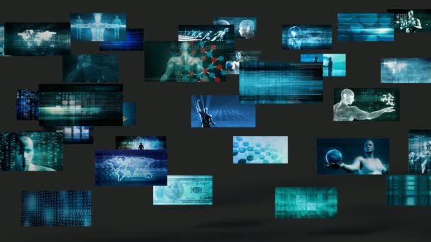 Видеостенка с концепцией экранов бизнес-технологий — стоковое видео