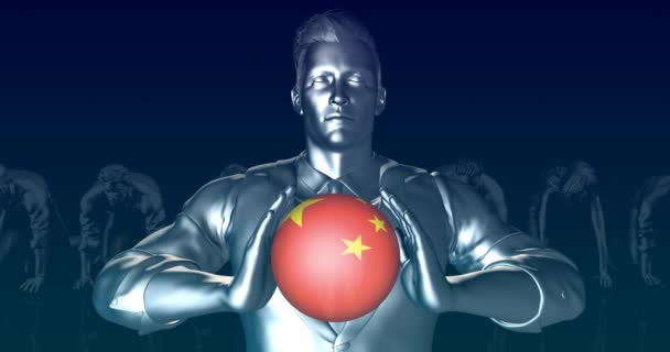 Man holding Flag of China as Global Sphere — Stock video