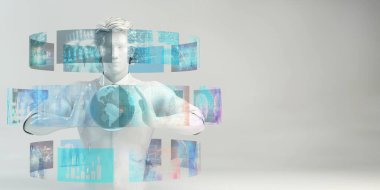 Dijital Sanal Gerçeklik Konsolu ile Gelecek Arayüzü Kullanan Adam