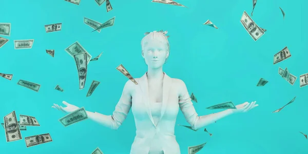 Pengar Faller Från Himlen Med Vita Affärskvinna — Stockfoto