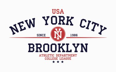New York, Brooklyn kolej tişörtü tasarımı. Baskı ürünü, tişört, klasik spor kıyafetleri için grafikler. Vektör illüstrasyonu.