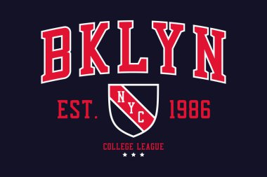 New York, Brooklyn Üniversitesi tipografi grafikleri ve tişört kalkanı. New York, Bklyn Kolej Ligi giyim baskısı. Vektör illüstrasyonu.