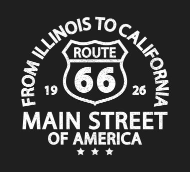 Route 66, tişört için eski model baskı. Illinois 'den California' ya yol işareti olan tipografi grafikleri. Grunge ile giysi tasarımı. Vektör illüstrasyonu.
