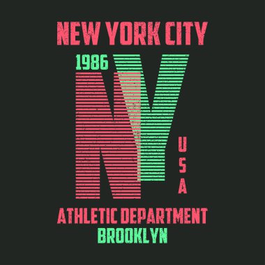 New York tişört tipografisi. Çizgili tişört için Brooklyn modern grafikleri. Moda kıyafet baskısı için New York sloganı, atletik kıyafet tasarımı. Vektör illüstrasyonu.