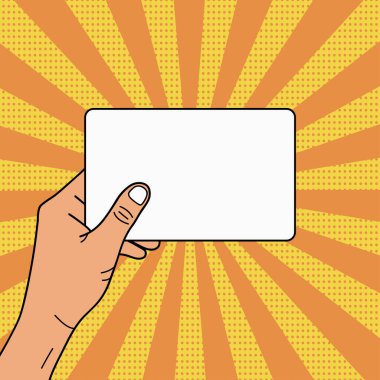 Mesajınız ve ilanınız için eliniz boş. Pop Art Illustration in retro comic style with yellow dots half tone background. Vektör.