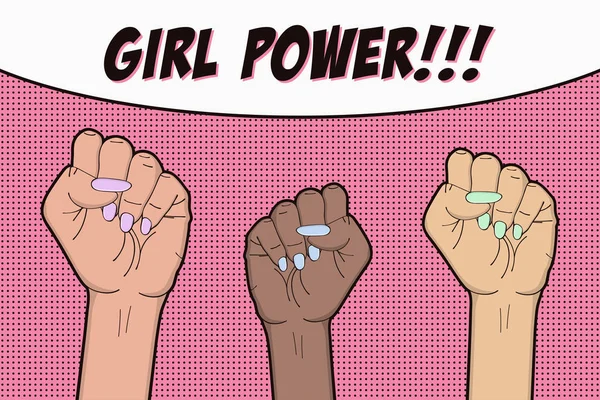 Girl Power Popkunstbakgrunn Med Tre Hevet Neve Kvinner Tegneserieillustrasjon Feministisk – stockvektor