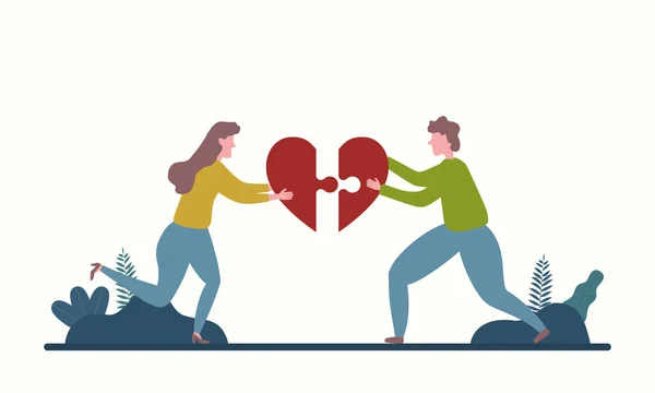 Hombres Mujeres Que Ensamblan Rompecabezas Forma Corazón Concepto Amor Ilustración — Vector de stock