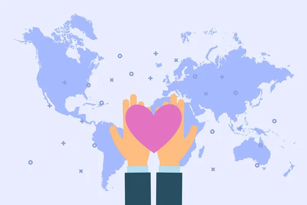 Man Give Heart Palm Hands World Map Background Charity Donation — Stock Vector