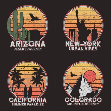 Amerikan tişörtü için dizayn seti. Arizona, New York, Colorado ve Kaliforniya grunge tişörtü grafikleri. Vektör.