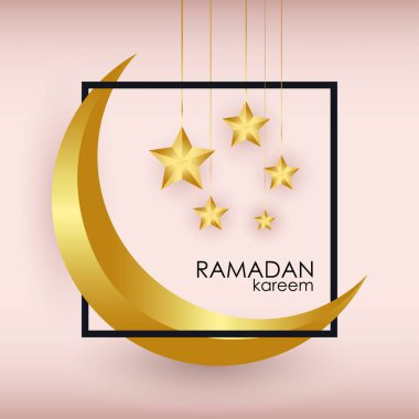 Ramazan Kareem, sloganı İslami hilal, Arap altın yıldızı ve çerçeve ile karşılıyor. Pankart, poster, tatil kartı için tasarım. Vektör.