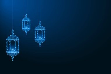 Ramazan Kareem illüstrasyonu, poligonal kablo örgüsü ve düşük polilamik fener ile mavi arka planda yapılmış. Vektör.