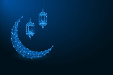 Ramazan Kareem arka planında çokgen kablo örgüsü tarafından yapılan düşük polimer hilal ve fener var. Vektör illüstrasyonu.