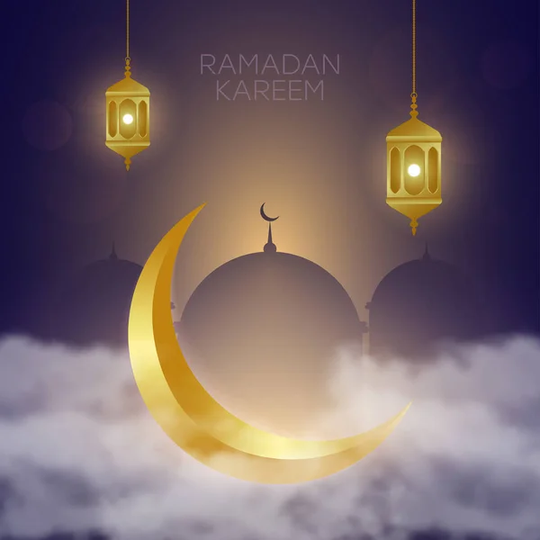 Bulutlardaki Altın Hilal Fener Fanus Cami Müslümanların Kutsal Ramazan Kareem — Stok Vektör