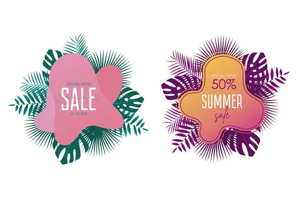 Summer Sale Banner Template Promotion Banners Design Palm Leaves Exotic — Stock Vector