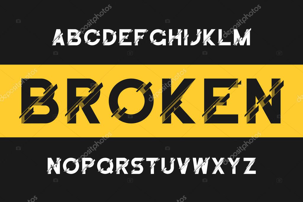 Broken glitch font. Modern sans-serif alphabet with distortion. Vector font with broken effect.