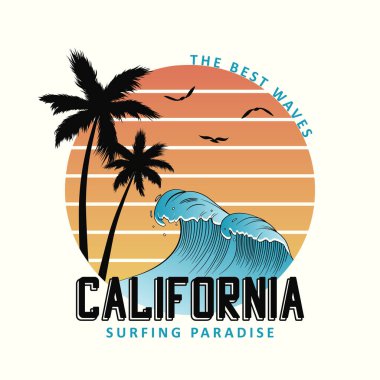 Dalgalar ve palmiye ağaçları ile t-shirt tipografi için California slogan. Sörf tee shirt tasarım, giyim baskı sörf. Vektör Illustration.
