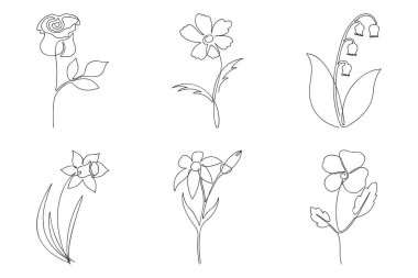 Devamlı çizgi çiçek seti. Farklı çiçeklerin bir çizimi. El çizimi minimalist çizim. Vektör.
