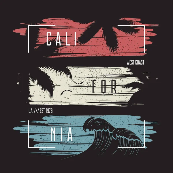 Renk grunge arka plan, dalga ve palmiye ağaçları siluetleri ile California t-shirt tipografi. Trendy giyim tasarımı. Vektör Illustration.