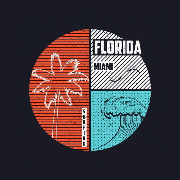 Miami Florida Shirt Design Alla Moda Con Onde Palme Silhouette — Vettoriale Stock