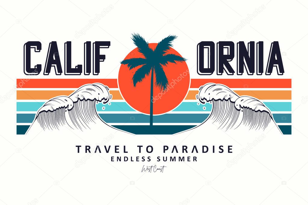 California slogan for t-shirt typography with waves, palm trees and sun. Tee shirt design, trendy apparel print. Vector illustration.