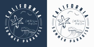 California t shirt design with hand drawn palm trees and waves. Slogan tee shirt typography. Vector illustration. vector