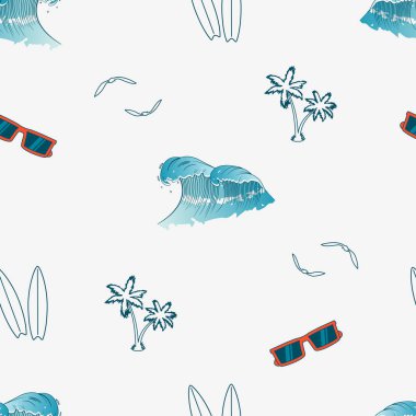 Seamless pattern with hand drawn elements - palm trees, surfboards, waves, sunglasses and gull birds. Vector illustration. vector