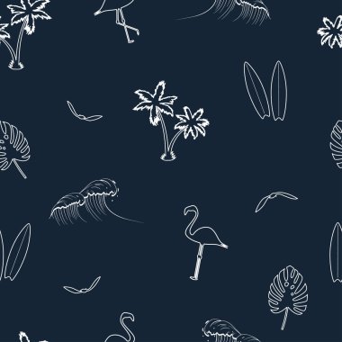 Seamless pattern with hand drawn elements - palm trees, surfboards, waves, flamingo, tropical leaves and gull birds. Vector illustration. vector