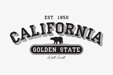California tişört için modern tipografi. Kaliforniya üniversitesi tişörtü ve boz ayı. Golden State sloganı. Vektör illüstrasyonu.