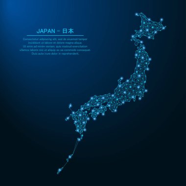 Japonya haritası noktalar ve çizgiler tarafından yapıldı, çokgen kablo örgüsü. Japonca ve tercümesi Japonya olan düşük polyester Asya ülke haritası. Vektör illüstrasyonu