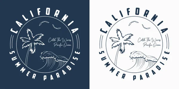 手描きのヤシの木や波とカリフォルニアTシャツのデザイン スローガンTシャツタイポグラフィ ベクターイラスト — ストックベクタ