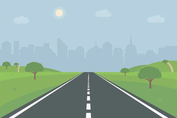 Camino Ciudad Camino Recto Vacío Través Las Colinas Árboles Prados — Vector de stock