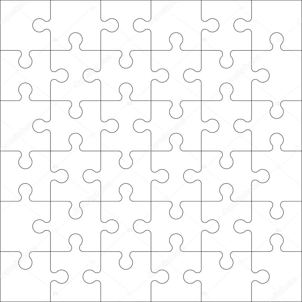 Puzzles blank template with square grid. Jigsaw puzzle 6x6 size with 36 pieces. Mosaic background for thinking game. Game with join details. Vector illustration.