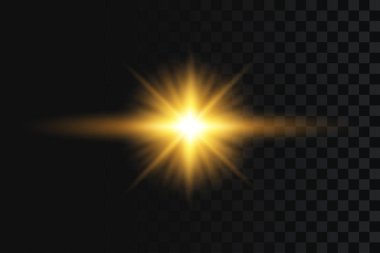 Şeffaf arkaplanda flaş ya da yıldız ışığı etkisi. Altın ışınlar ve ışıklarla parıldayan altın parıltı. Vektör illüstrasyonu.