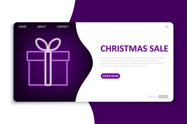 Christmas Sale Landing Page Website Template Neon Style — Stock Vector