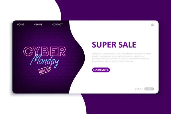 Cyber Monday Landing Page Website Template Neon Style Seasonal Internet — Stock Vector